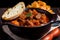 Macro shot of a bowl of goulash with beef, potatoes, and carrots, simmered in a rich and flavorful tomato-based sauce