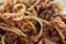 Macro shot of a bunch of spaghetti with minced meat sauce, Bolognese