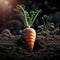 Macro shot of a carrot growing in a garden with rich, dark soil, Generative Ai