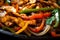 Macro shot of colorful Fajitas with a mix of marinated chicken, red and green bell peppers, onions, and jalapenos