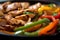 Macro shot of colorful Fajitas with a mix of marinated chicken, red and green bell peppers, onions, and jalapenos