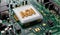 Macro shot of CPU chip on motherboard with golden word text AGI Strong Artificial Intelligence -