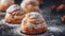 Macro shot of creamfilled profiteroles dusted with powdered sugar