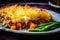 Macro shot of a dish of Shepherds pie with a crispy and golden panko breadcrumb topping, served with a side of green beans