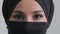 Macro shot female gaze arabic woman girl blinking brown eyes looking at camera feminine muslim face natural makeup in