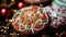 A macro shot of a festive holiday cookie, intricately decorated with icing