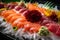 Macro shot of fresh Sashimi with intricate knife cuts and bright colors served on a bed of ice