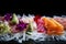 Macro shot of fresh Sashimi with intricate knife cuts and bright colors served on a bed of ice