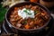 Macro shot of a hot and spicy goulash with chunks of tender beef and vegetables, simmered to perfection