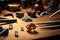 macro shot of jewelers tools on workbench with diamond