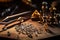 macro shot of jewelers tools on workbench with diamond