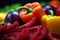 macro shot of knife slicing through vibrant bell peppers