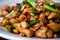 macro shot of Kung Pao Chicken stir-fried with Sichuan peppercorns, giving it a unique and numbing flavor,