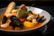 Macro shot of the mouth-watering Bouillabaisse soup, showcasing the intricate details of each seafood ingredient and the colorful