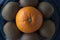 Macro shot of an orange surrounded by kiwis