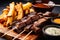 Macro shot of a platter of juicy Churrasco skewers with a side of crispy yucca fries and spicy dipping sauce