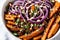 Macro shot of a quinoa bowl topped with perfectly roasted sweet potatoes, red onions, and a drizzle of tahini sauce. AI