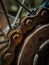 A macro shot of a rusted cycle chain