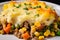 Macro shot of a Shepherds Pie with layers of mashed potatoes, seasoned beef, carrots, peas, and corn