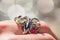 Macro shot of silver engagement ring on colorful, sparkling background