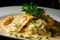 Macro shot of a single ravioli pasta stuffed with lobster and shrimp in a creamy sauce garnished with parsley