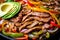 Macro shot of sizzling Fajitas with a mix of marinated steak and chicken, grilled onions, colorful bell peppers,