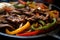 Macro shot of sizzling fajitas with tender strips of marinated beef, onions, and peppers on a hot skillet