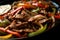 Macro shot of sizzling fajitas with tender strips of marinated beef, onions, and peppers on a hot skillet