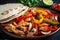 Macro shot of smoky chicken fajitas with grilled bell peppers and onions served with fresh pico de gallo and salsa