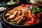 Macro shot of smoky chicken fajitas with grilled bell peppers and onions served with fresh pico de gallo and salsa