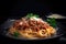 Macro shot of Spaghetti Bolognese with al dente pasta and hearty meat sauce, garnished with parsley and shaved Parmesan cheese