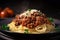 Macro shot of Spaghetti Bolognese with al dente pasta and hearty meat sauce, garnished with parsley and shaved Parmesan cheese