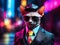 Macro shot of Sphynx cat wearing a business suit, sunglasses and a hat against neon background