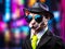 Macro shot of Sphynx cat wearing a business suit, sunglasses and a hat against neon background