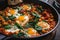 Macro Shot of a Spicy Shakshuka with Chickpeas and Spinach