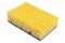 Macro shot of a surface of plastic yellow sponge isolated on white background. Close-up texture. Yellow scrub sponge. Sponge textu