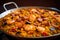 Macro shot of a tantalizing Paella with a mix of chorizo, chicken, and shrimp arranged in a beautiful and colorful pattern