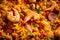 Macro shot of a tantalizing Paella with a mix of chorizo, chicken, and shrimp arranged in a beautiful and colorful pattern