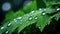 Macro shot of vibrant green leaf with glistening raindrops, displaying natures artistry