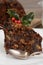 Macro slice christmas pudding with spoon