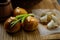 macro view baked doughnut with garlic topping and sliced tallow