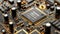 Macro view of black pcb with gold connectors, tech concepthorizontal banner design
