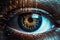 Macro view of eye with cybernetic iris, perfect for topics on surveillance, AI, biometric security, and futuristic