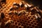 Macro view of honeybees working diligently inside their hive, meticulously crafting honeycomb cells filled with glistening.