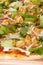 Macro view of pizza with green letuce