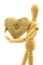 Macro view of wooden male person with knitted woolen heart with