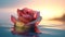 Macrophoto of pink rose with water dropps on the lake