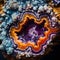 Macroscopic view inside a geode with vibrant crystal formations