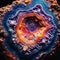 Macroscopic view inside a geode with vibrant crystal formations