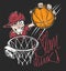 Mad basketball slam dunk t-shirt print design vector illustration.